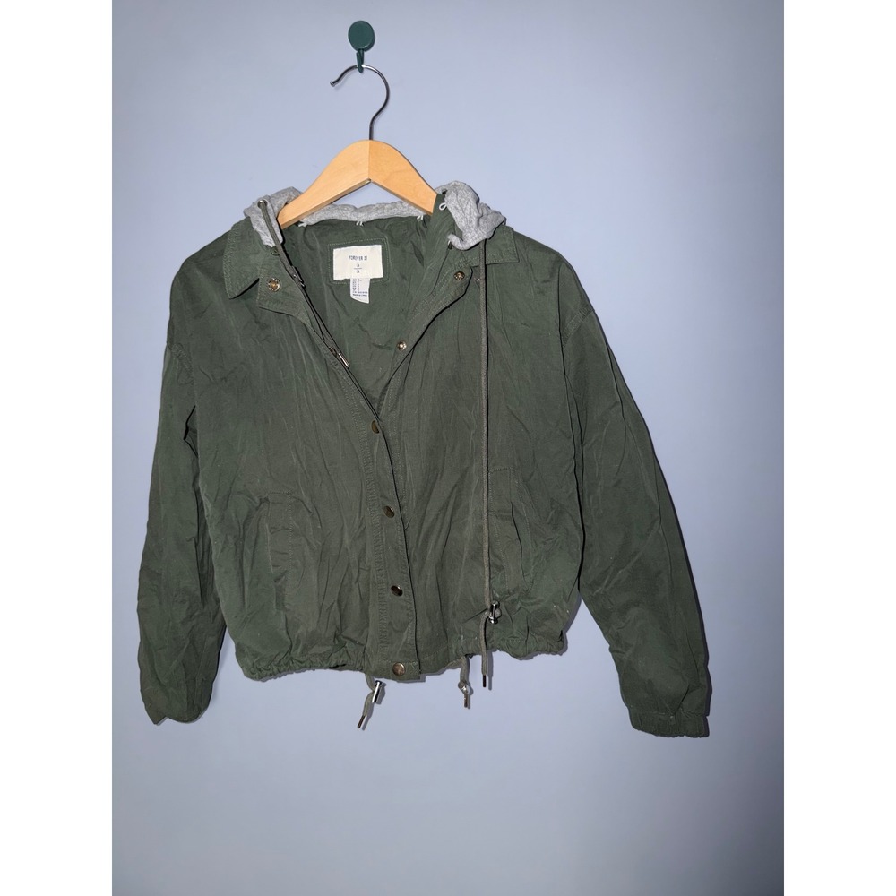 Forever 21 Olive Green Hooded Utility Jacket Drawstring Waist Size S‎